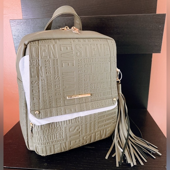 STEVE MADDEN DR126400 OLIVE BTAMPAA Logo EMBOSSED soft LEATHER BACKPACK Tassel - Picture 1 of 11